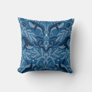 Nautical damask texture with whales, modern vintag throw pillow