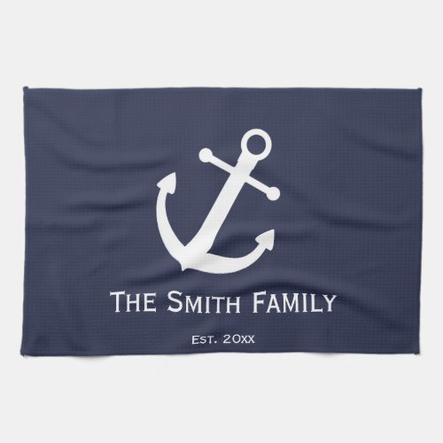 Nautical Dark Blue and White Anchor Name Template Towel
