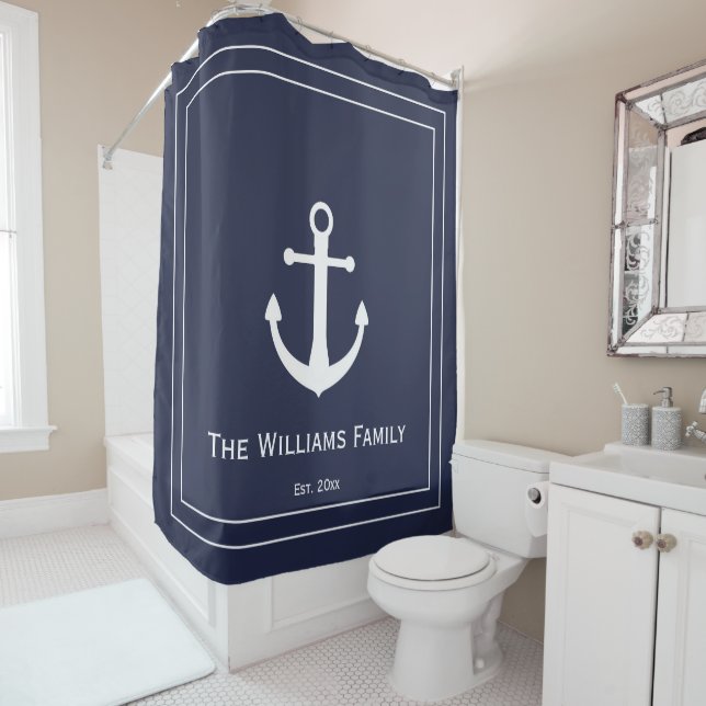 Nautical Dark Blue and White Anchor Year Name Shower Curtain (In Situ)