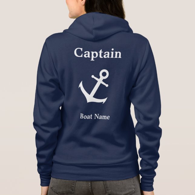 Nautical Dark Blue and White Captain & Boat Name Hoodie (Back)