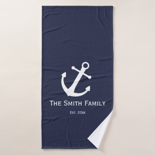 Nautical Dark Blue and White Name Anchor Bath Towel Set