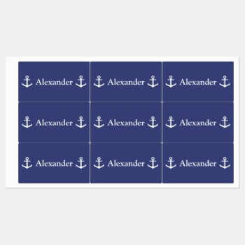 Nautical Dark Blue And White Name With 2 Anchors Kids' Labels by redbook at Zazzle
