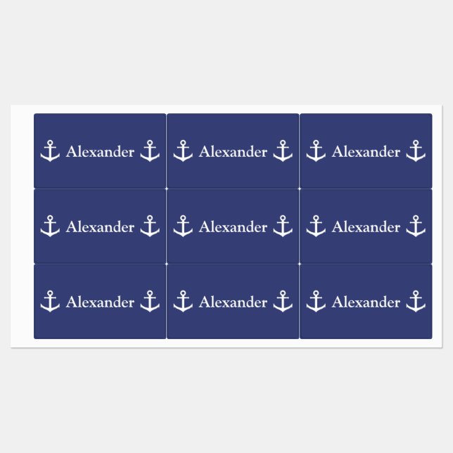 Nautical Dark Blue and White Name with 2 Anchors Kids' Labels (Sheet)
