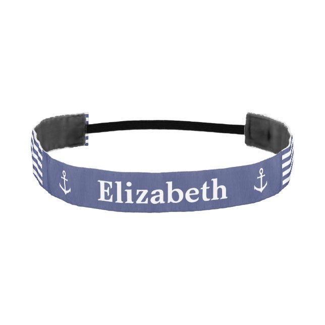 Nautical Dark Blue and White Stripes Name Anchors Athletic Headband (Front)