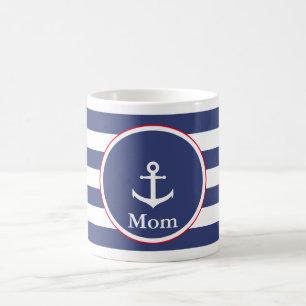 Nautical Dark Blue and White with Anchor for Mom Coffee Mug