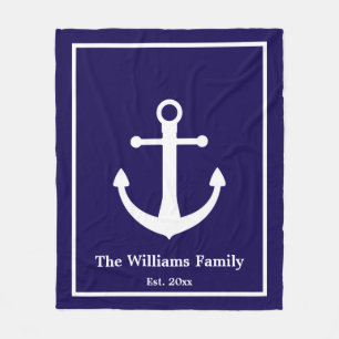 Nautical Dark Blue & White Anchor & Last Name Fleece Blanket
