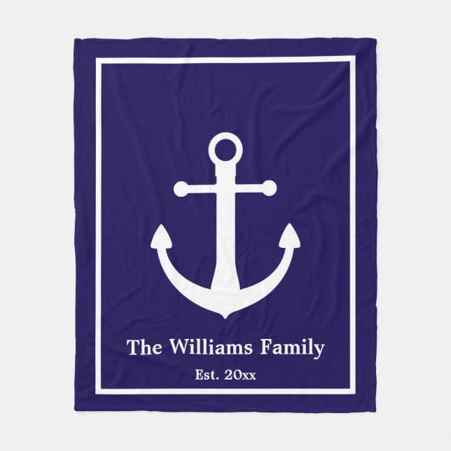 Nautical Dark Blue & White Anchor & Last Name Fleece Blanket (Front)