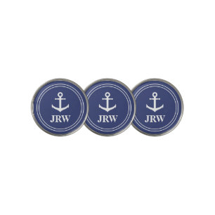 Nautical Dark Blue White Anchor & Monogram Golf Ball Marker