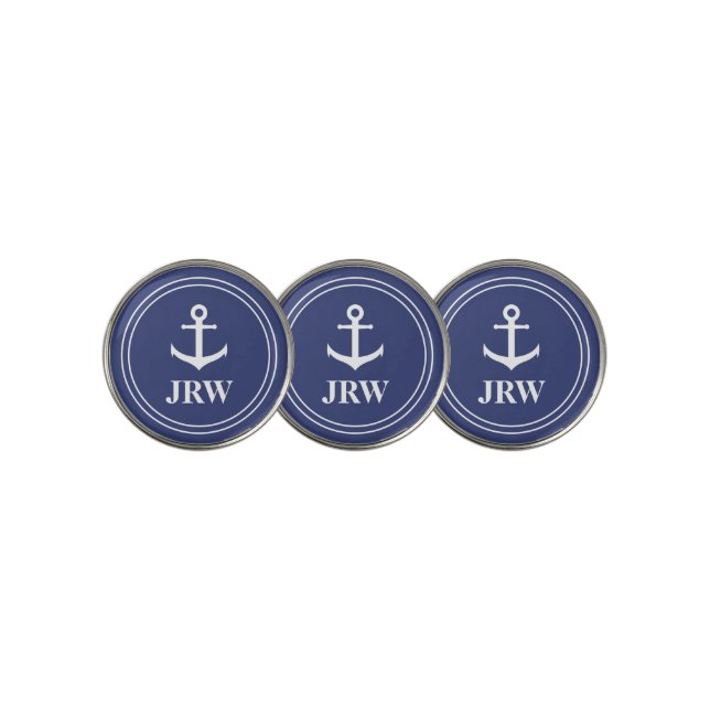 Nautical Dark Blue White Anchor & Monogram Golf Ball Marker (3 Up)