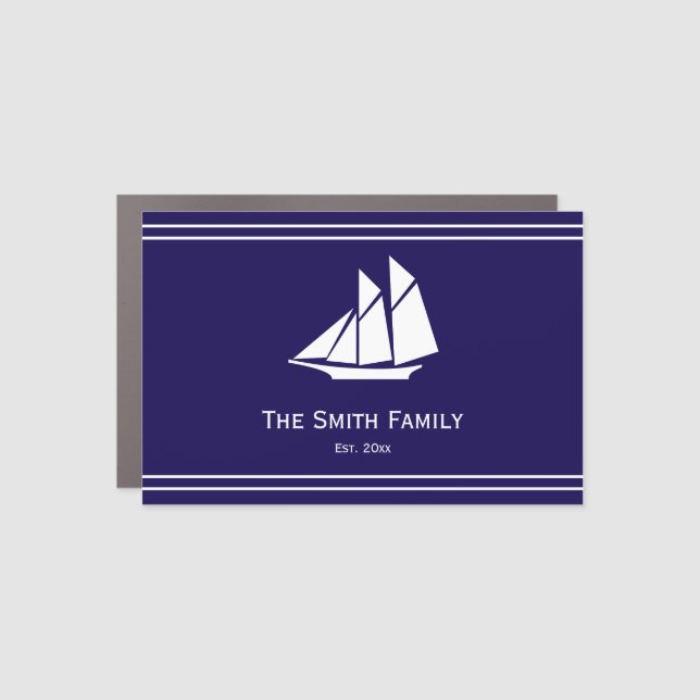 Nautical Dark Blue White Sailboat Name Mailbox Car Magnet (Front)