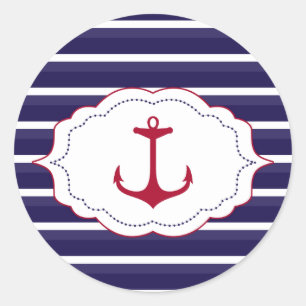 Nautical Dark Blue White Stripes Red Anchor Classic Round Sticker