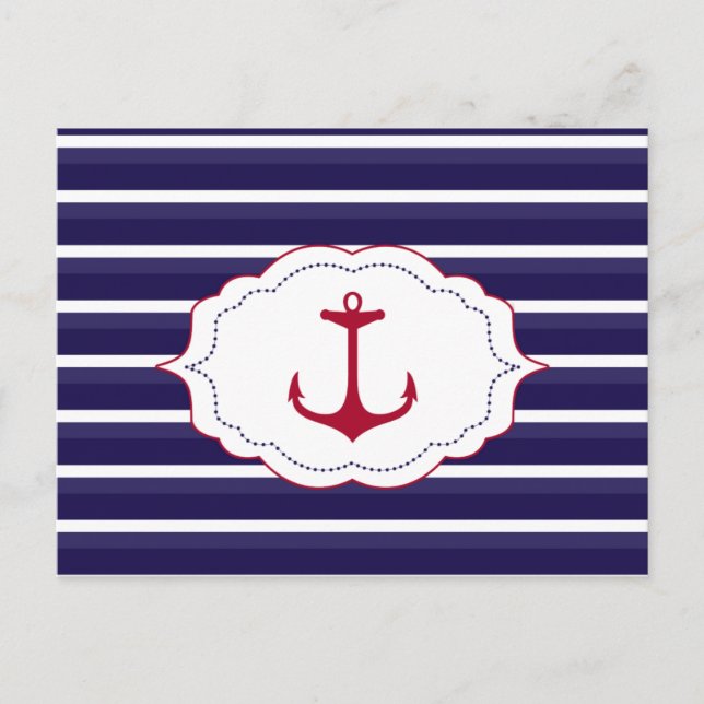 Nautical Dark Blue White Stripes Red Anchor Postcard (Front)