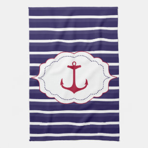Nautical Dark Blue White Stripes Red Anchor Towel