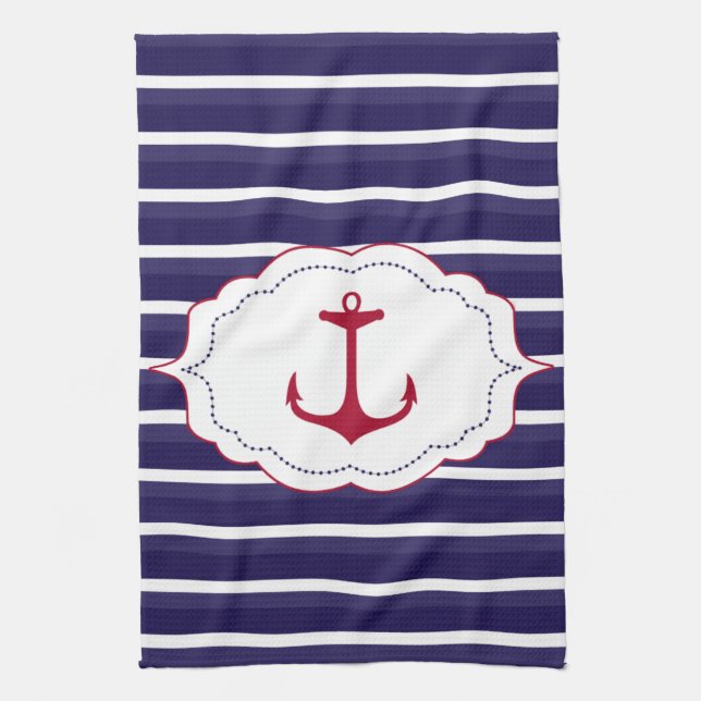 Nautical Dark Blue White Stripes Red Anchor Towel (Vertical)