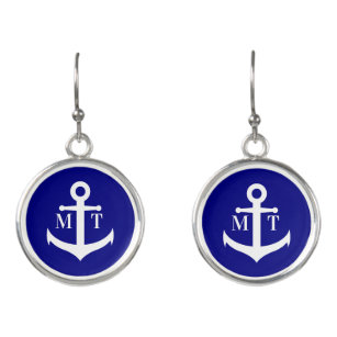 Nautical Dark Blue with White Anchor & Monogram Earrings