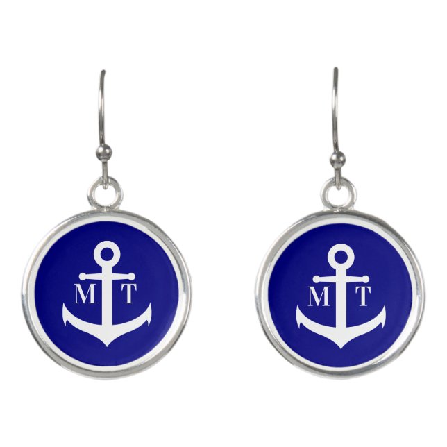 Nautical Dark Blue with White Anchor & Monogram Earrings (Front)