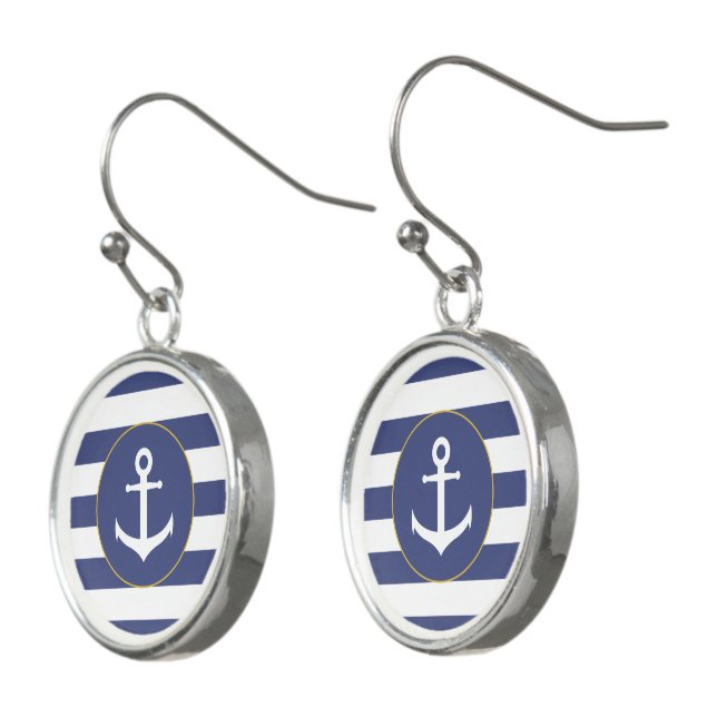 Nautical Dark Blue with White Stripes and Anchor Earrings (Angled)