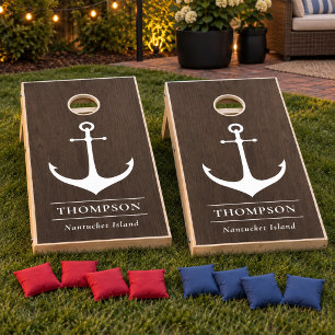 Nautical Dark Brown Wood Grain Anchor Custom Cornhole Set