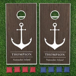 Nautical Dark Brown Wood Grain Anchor Custom Cornhole Set