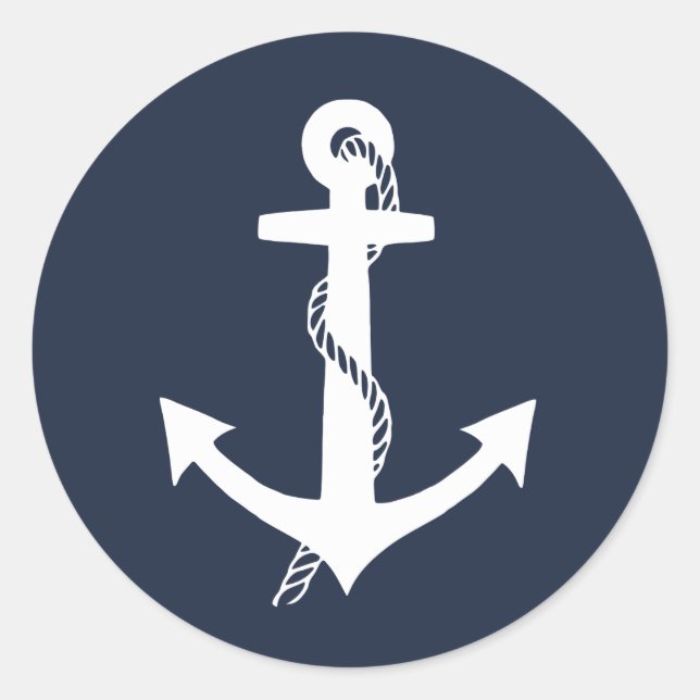 Nautical Dark Navy Blue and White Anchor Classic Round Sticker (Front)