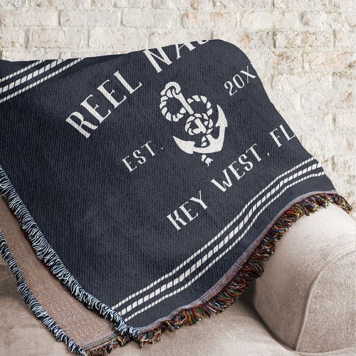 Nautical Dark Navy Blue Rustic Anchor Boat Name Throw Blanket