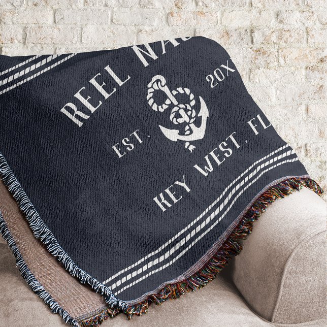 Nautical Dark Navy Blue Rustic Anchor Boat Name Throw Blanket (Creator Uploaded)