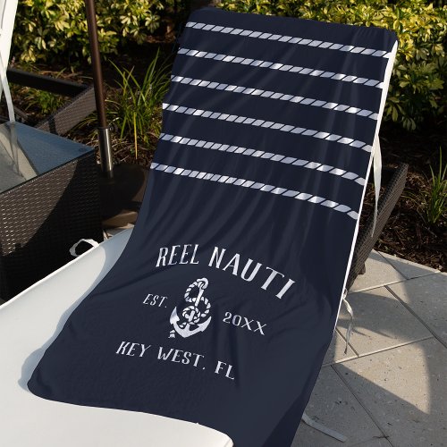 Nautical Dark Navy Rustic Anchor Stripe Boat Name Beach Towel