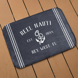 Nautical Dark Navy Rustic Anchor | Your Boat Name Bath Mat