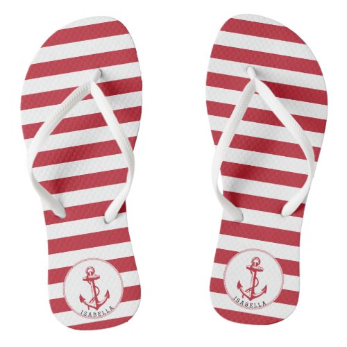 Nautical Dark Red and White Stripes Flip Flops