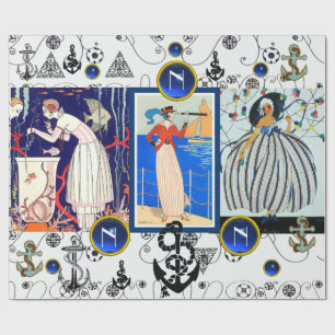 NAUTICAL DECO BEAUTY FASHION BLUE GEM MONOGRAM WRAPPING PAPER