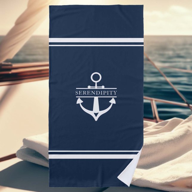 Nautical Decor Boat Anchor Navy White Personalized Beach Towel (nautical decor personalized beach towel boat name anchor white navy custom new owner gift elegant)