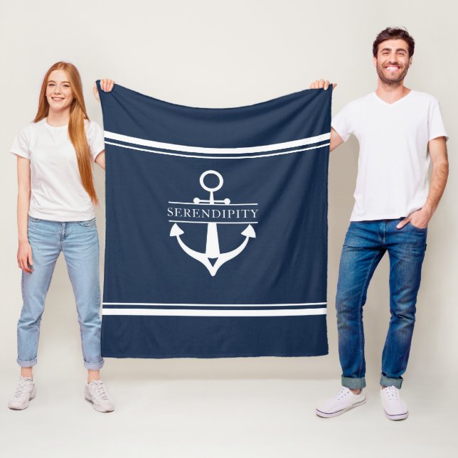 Nautical Decor Boat Anchor Navy White Personalized Fleece Blanket (In Situ)