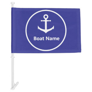 Nautical Deep Blue and White Anchor Boat Name Car Flag