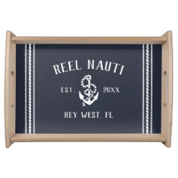 Nautical Deep Navy Rustic Anchor Boat Name Serving Tray