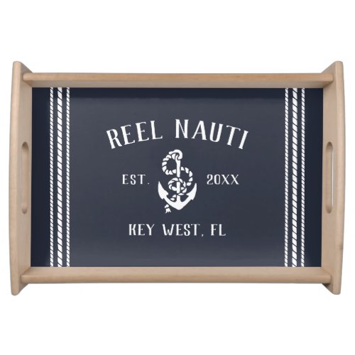 Nautical Deep Navy Rustic Anchor Boat Name Serving Tray