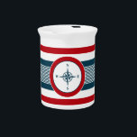 Nautical design beverage pitcher<br><div class="desc">Nautical design with compass decoration in round shape on blue,  red and white striped background</div>