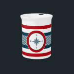 Nautical design beverage pitcher<br><div class="desc">Nautical design with compass decoration in round shape on blue,  red and white striped background</div>