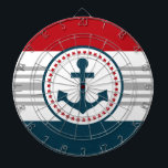 Nautical design dartboard<br><div class="desc">Nautical design with anchor decoration in round shape on blue, red, grey and white striped background</div>
