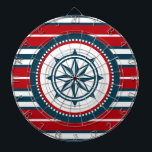 Nautical design dartboard<br><div class="desc">Nautical design with compass decoration in round shape on red, blue and white striped background</div>