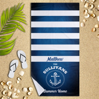 Nautical Design Navy Blue Striped Beach Towel by reflections06 at Zazzle