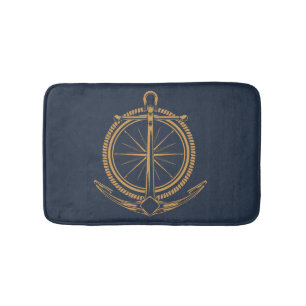 Nautical design with gold compass and anchor bath mat