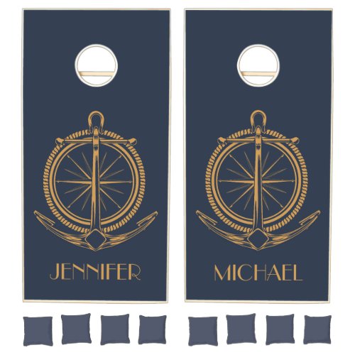 Nautical design with gold compass and anchor cornhole set