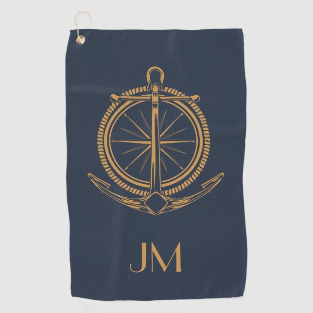 Nautical design with gold compass and anchor golf towel (Front)
