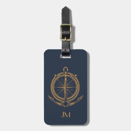 Nautical design with gold compass and anchor luggage tag