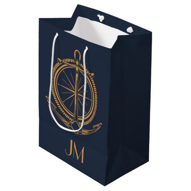 Nautical design with gold compass and anchor medium gift bag (Front Angled)