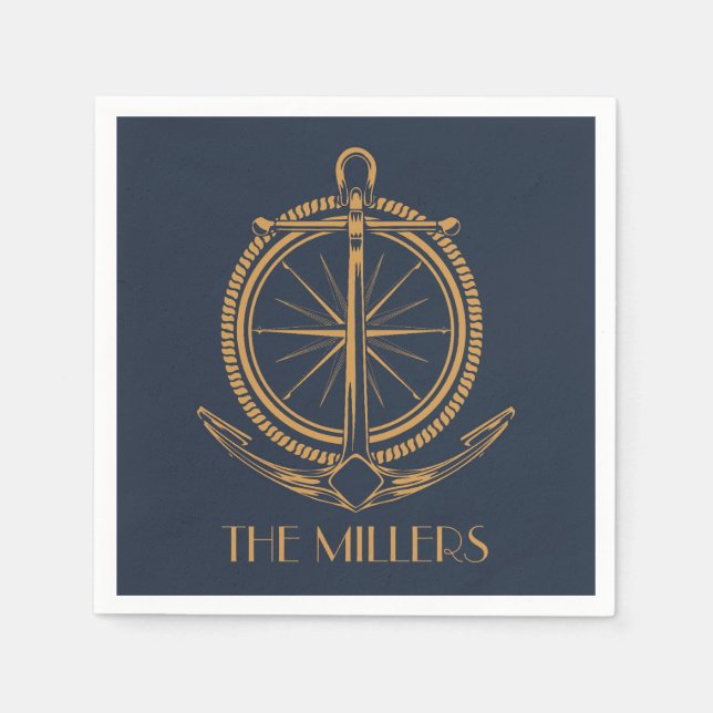 Nautical design with gold compass and anchor napkins (Front)