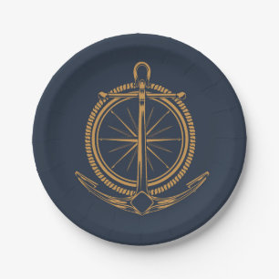 Nautical design with gold compass and anchor paper plates