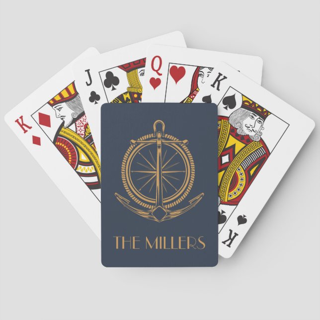 Nautical design with gold compass and anchor poker cards (Back)