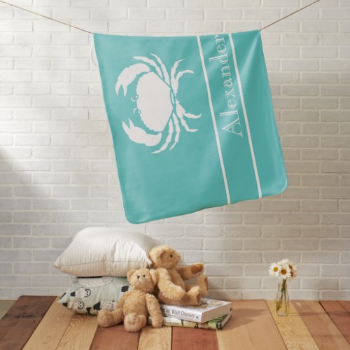 Nautical design with White Crab on Teal Blue Baby Blanket