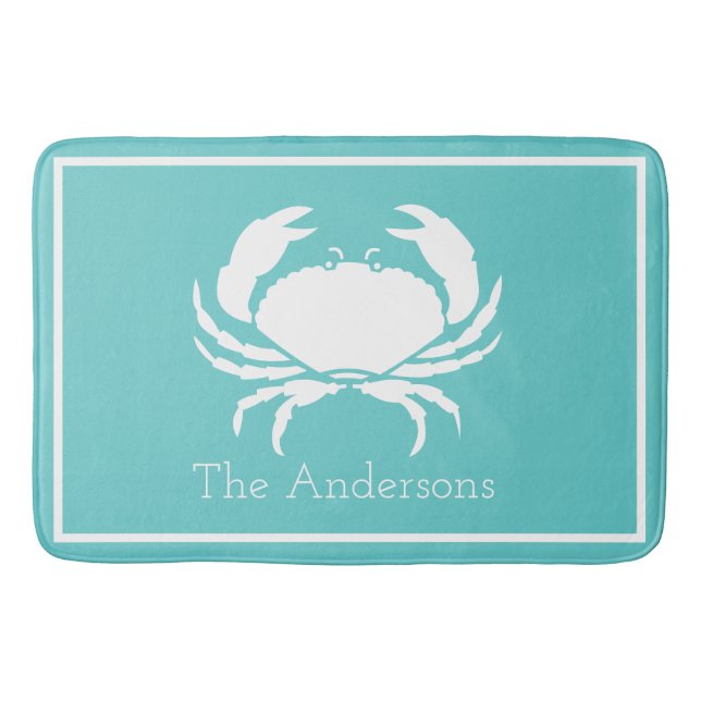 Nautical design with White Crab on Teal Blue Bath Mat (Front)
